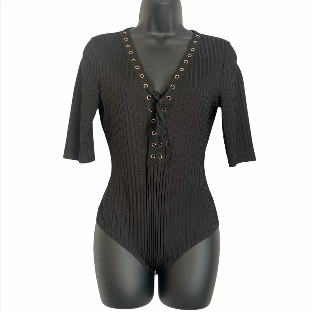 Black Lace Up Ribbed Bodysuit